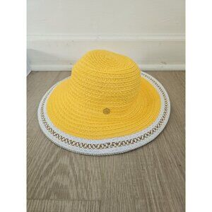 Eric Javits Yellow White Raffia Straw Wicker Sun Hat Wide Brim Beach UPF 50 OS